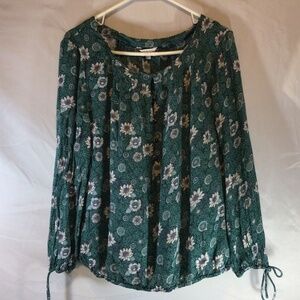 Lucky Brand Large Green Floral Boho Peasant Blouse Cottagecore Top  Casual